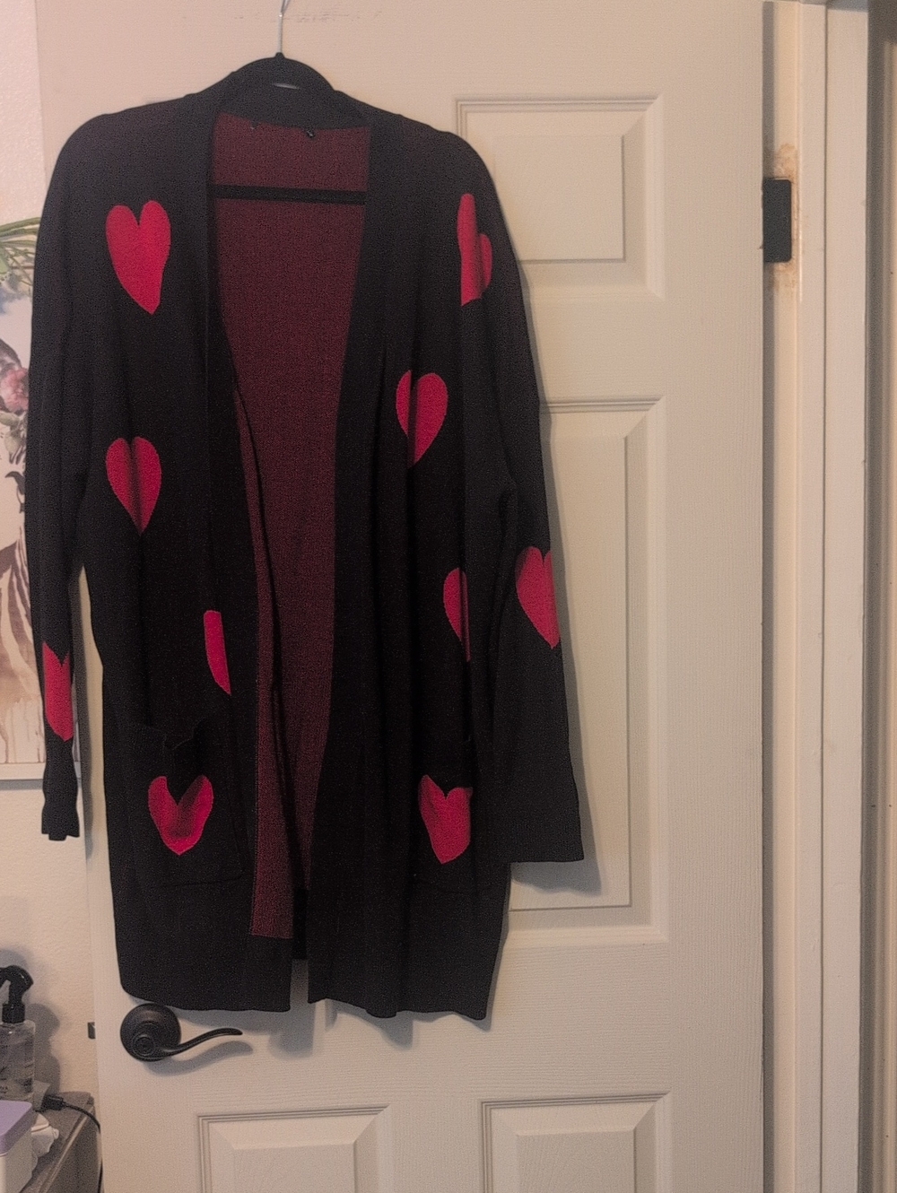 Open-Front Black Sweater Cardigan with Red Heart Accents
